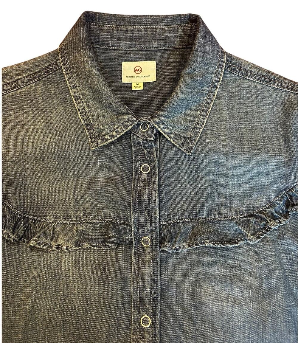 AG Adriano Goldschmied Women's MEDIUM Denim Tencel Shirt Ruffle Snap Western